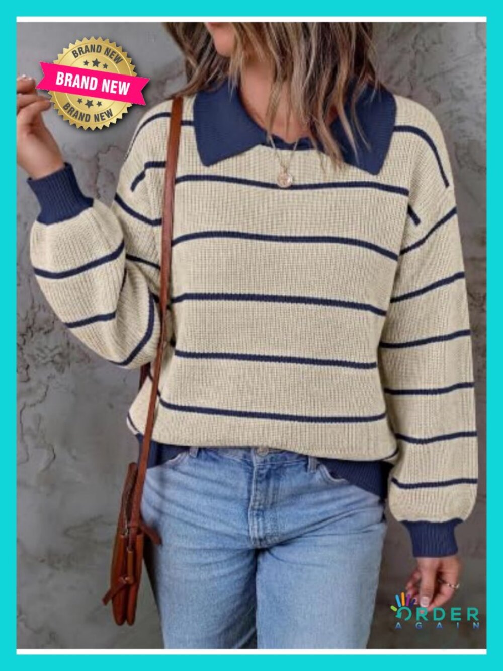 Oversized Striped Collared Sweater Cotton Blend Pullover - Picture 4 of 6